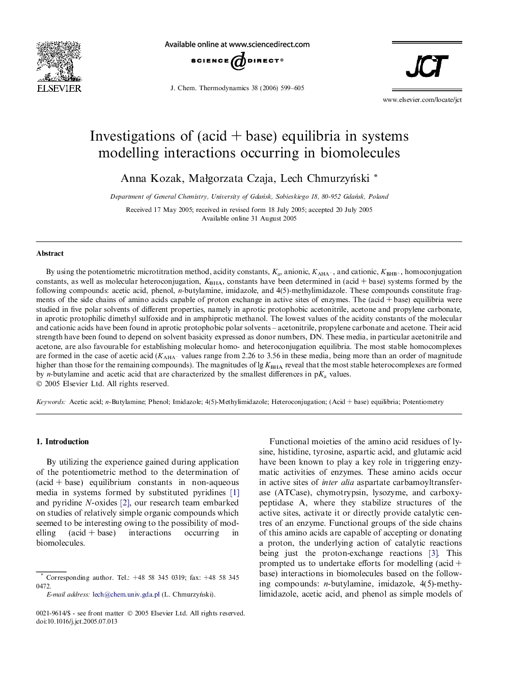 عکس صفحه اول مقاله: Investigations of (acid + base) equilibria in systems modelling interactions occurring in biomolecules Investigations of (acid + base) equilibria in systems modelling interactions occurring in biomolecules