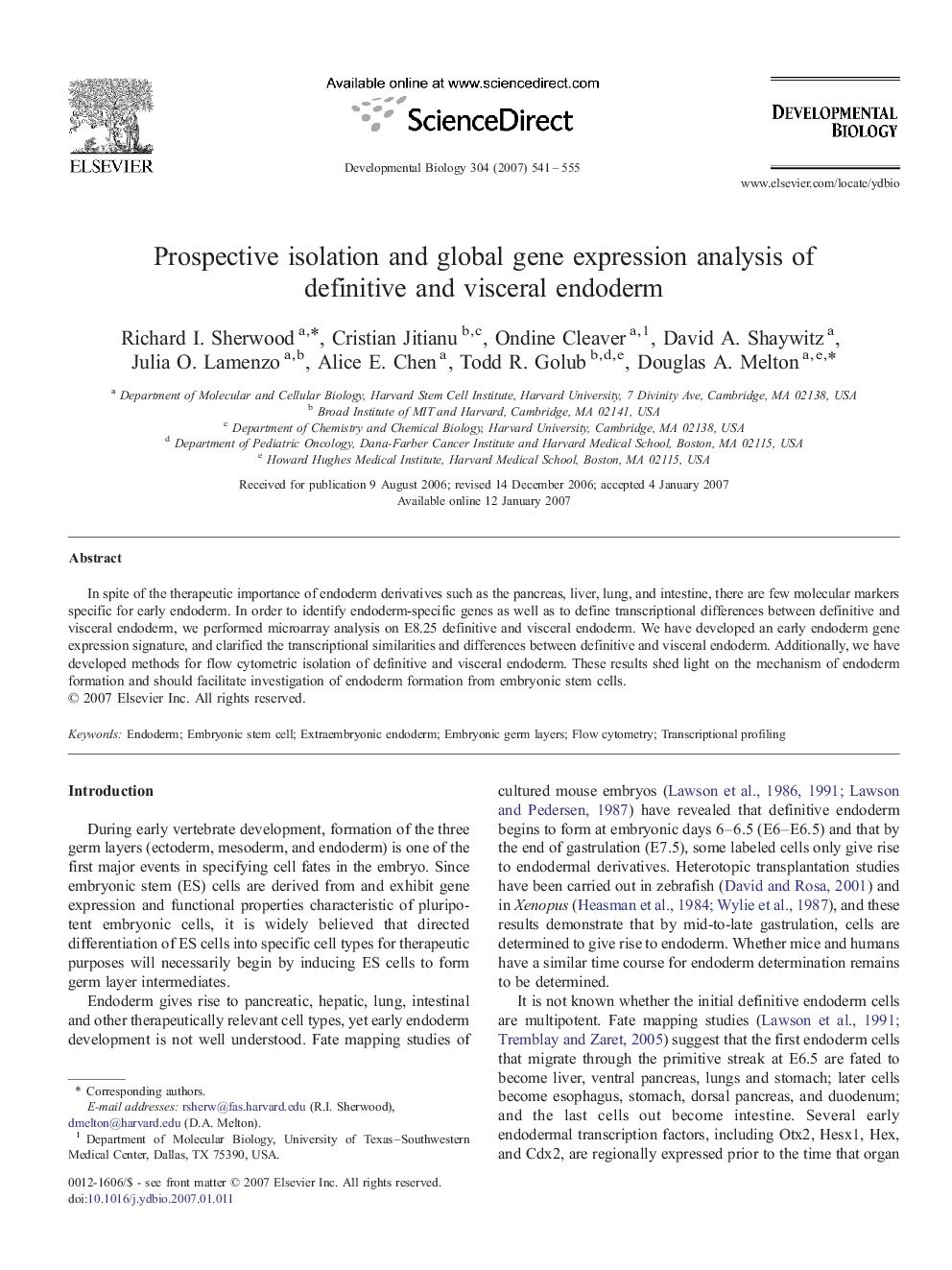 Prospective isolation and global gene expression analysis of definitive and visceral endoderm