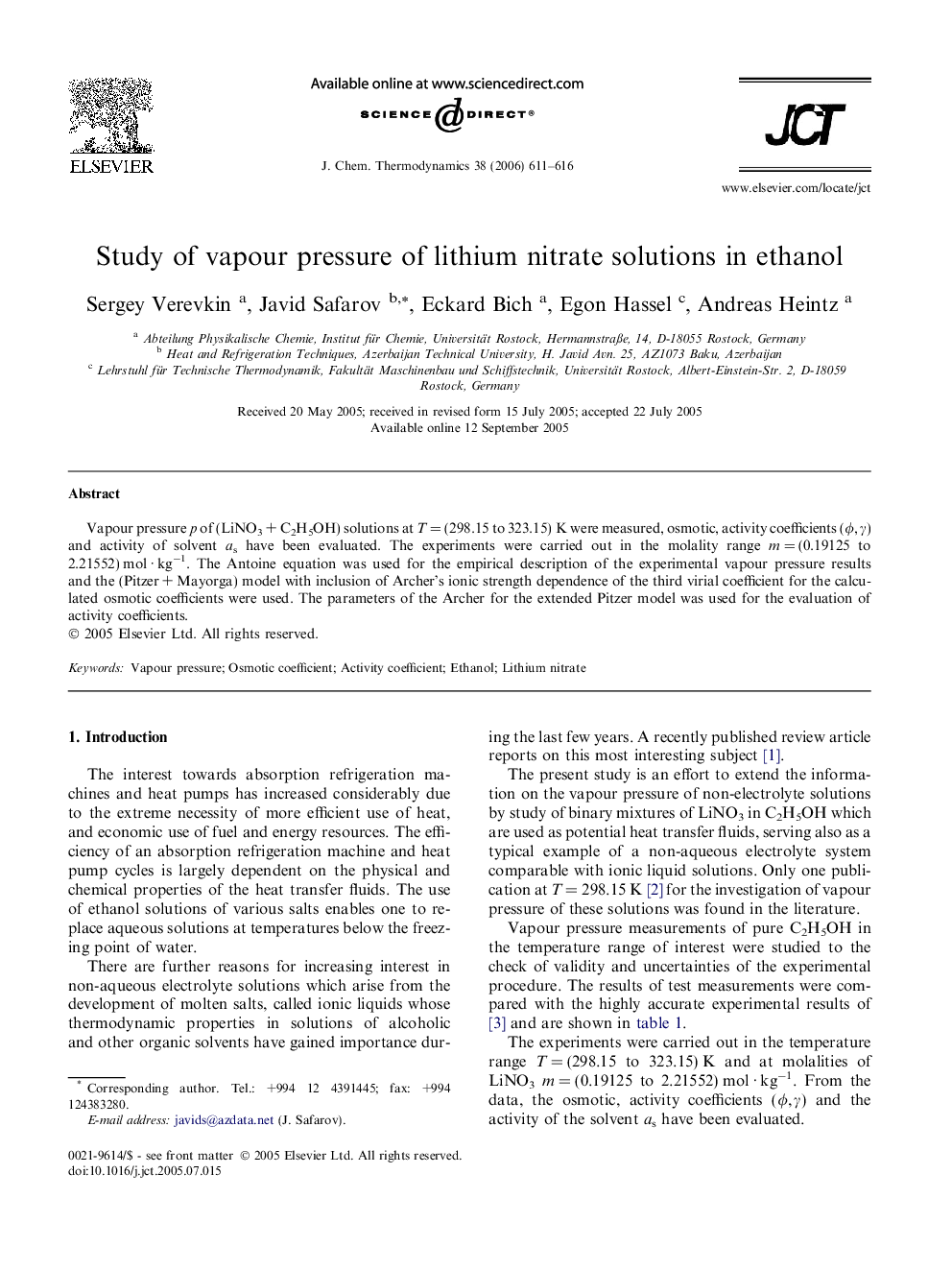 Study of vapour pressure of lithium nitrate solutions in ethanol