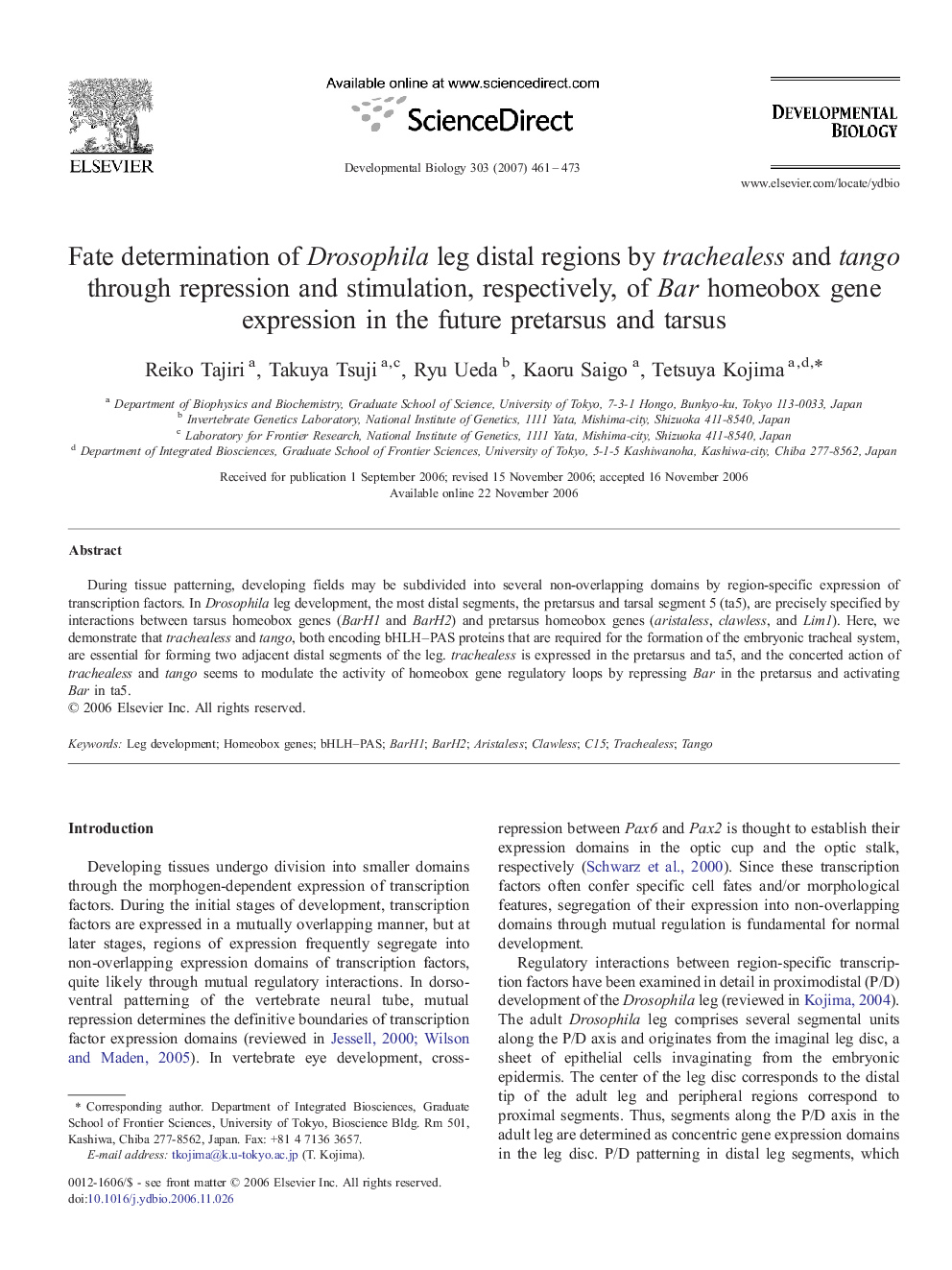 Fate determination of Drosophila leg distal regions by trachealess and tango through repression and stimulation, respectively, of Bar homeobox gene expression in the future pretarsus and tarsus