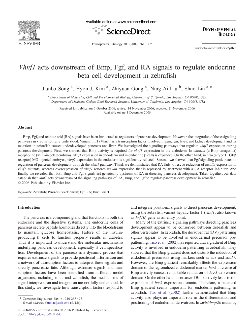 Vhnf1 acts downstream of Bmp, Fgf, and RA signals to regulate endocrine beta cell development in zebrafish