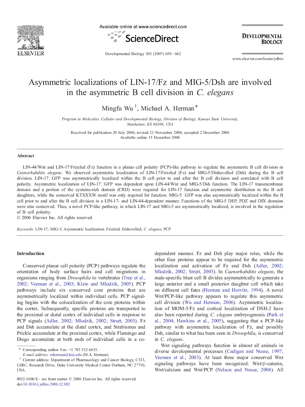 Asymmetric localizations of LIN-17/Fz and MIG-5/Dsh are involved in the asymmetric B cell division in C. elegans