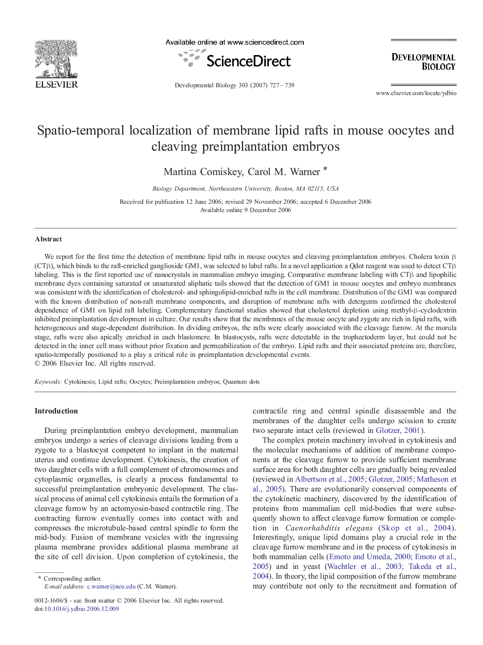 Spatio-temporal localization of membrane lipid rafts in mouse oocytes and cleaving preimplantation embryos