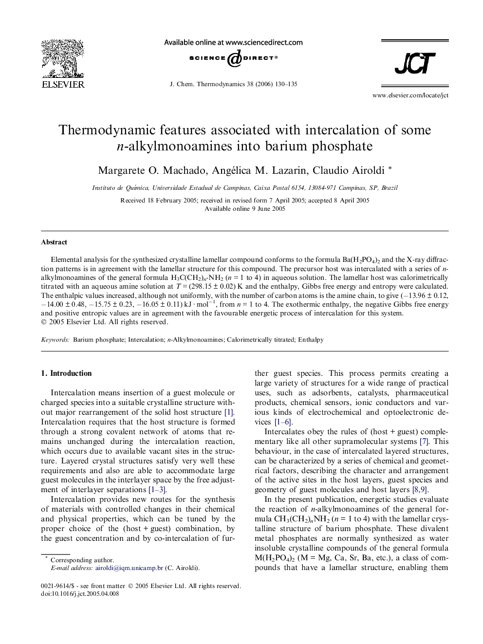 Thermodynamic features associated with intercalation of some n-alkylmonoamines into barium phosphate