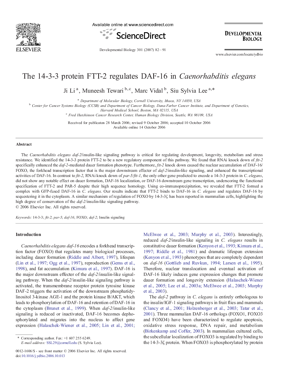 The 14-3-3 protein FTT-2 regulates DAF-16 in Caenorhabditis elegans