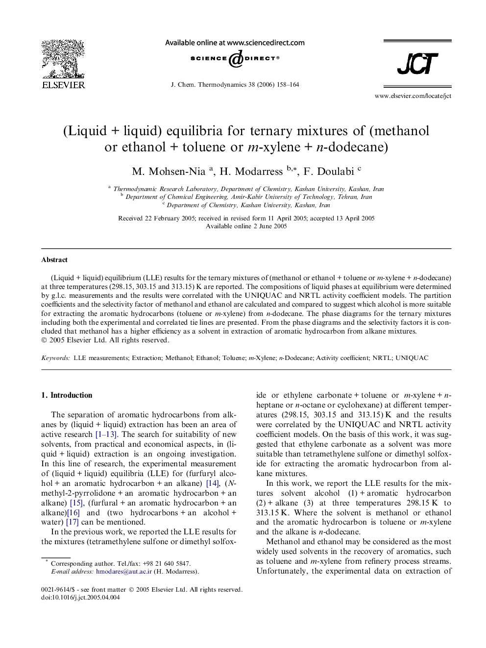 (Liquid + liquid) equilibria for ternary mixtures of (methanol or ethanol + toluene or m-xylene + n-dodecane)