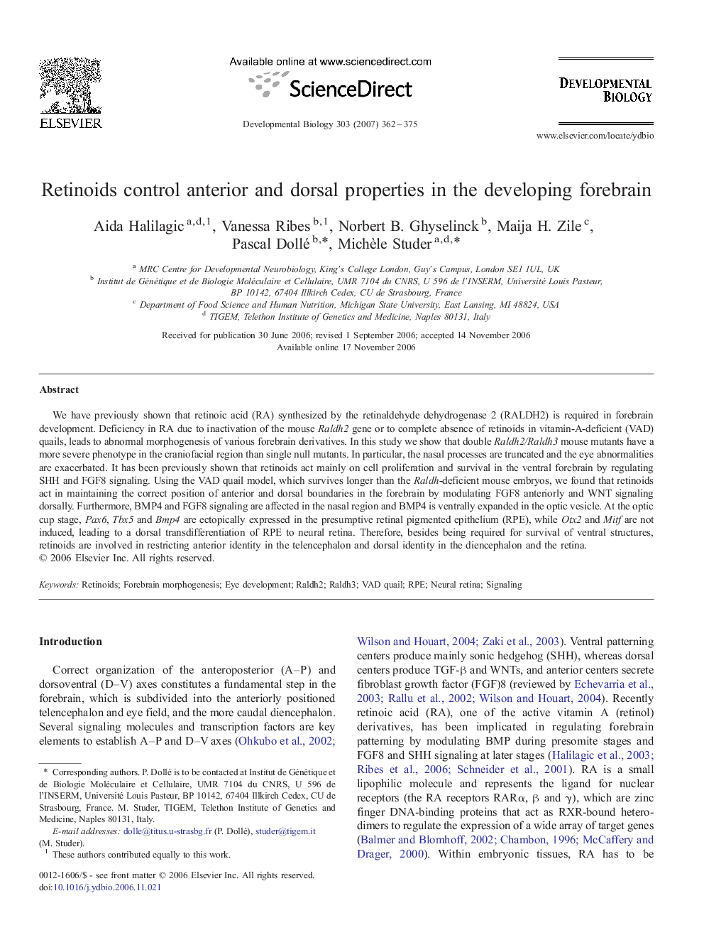 Retinoids control anterior and dorsal properties in the developing forebrain