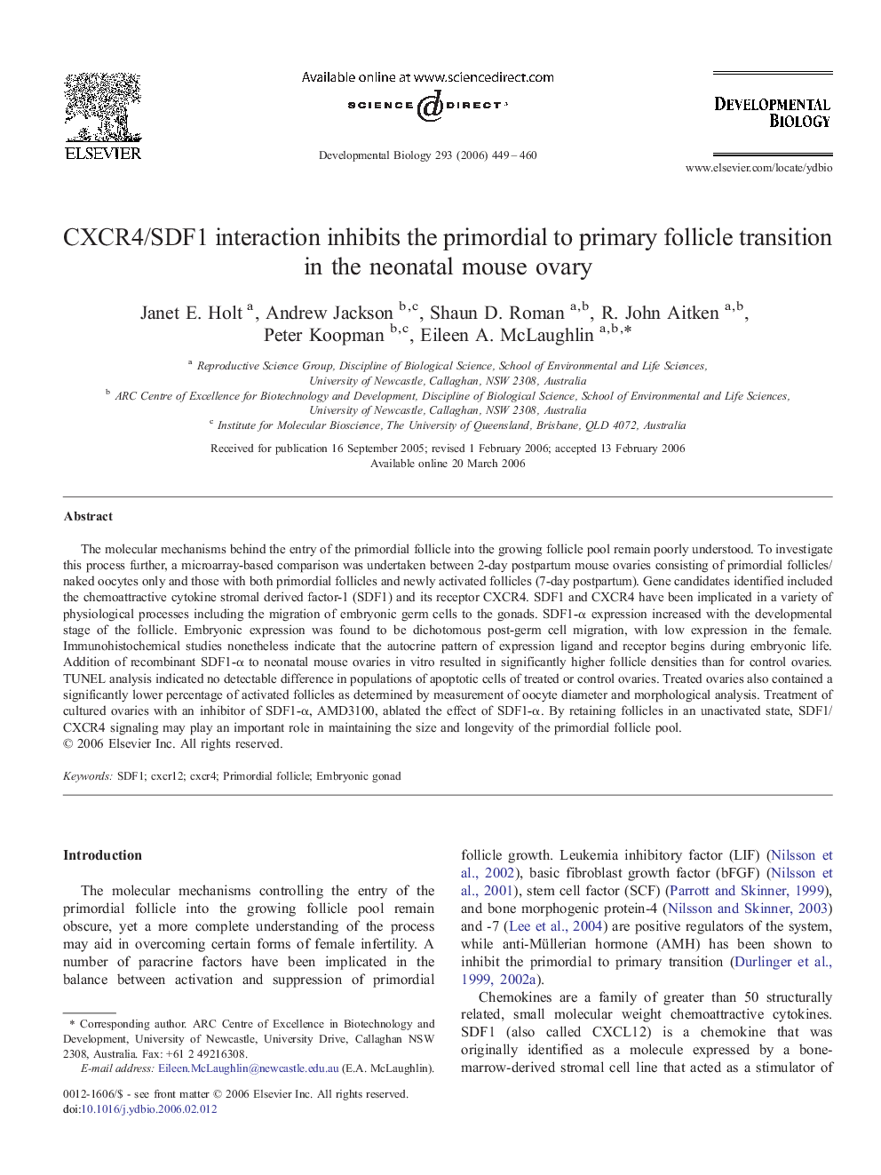 CXCR4/SDF1 interaction inhibits the primordial to primary follicle transition in the neonatal mouse ovary