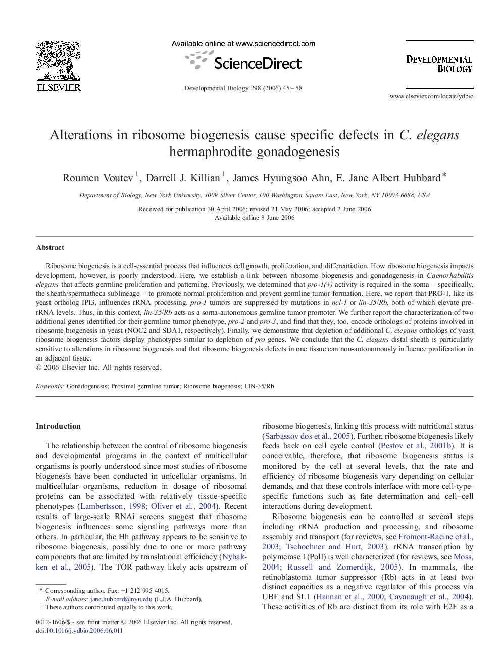 Alterations in ribosome biogenesis cause specific defects in C. elegans hermaphrodite gonadogenesis