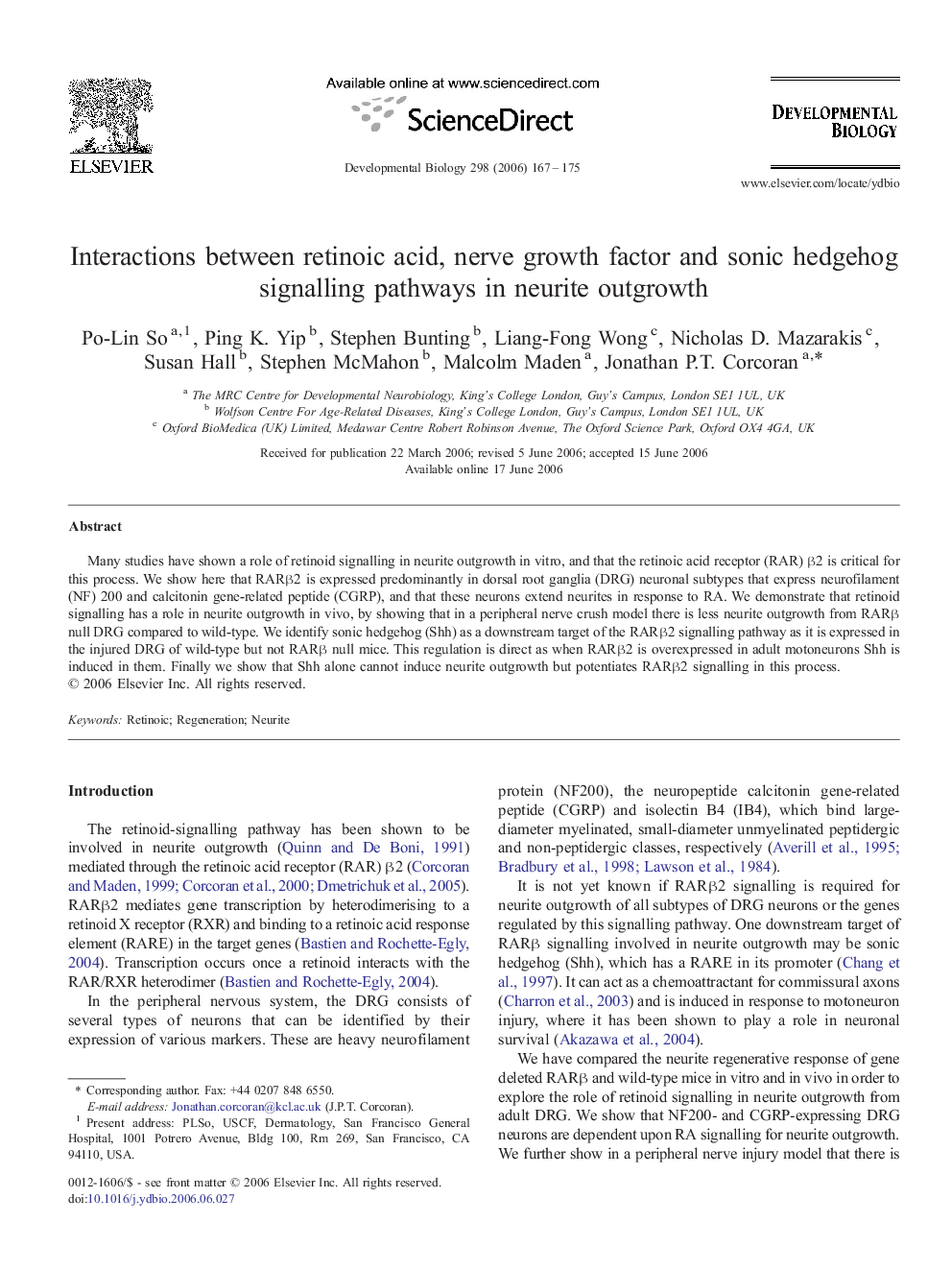 Interactions between retinoic acid, nerve growth factor and sonic hedgehog signalling pathways in neurite outgrowth