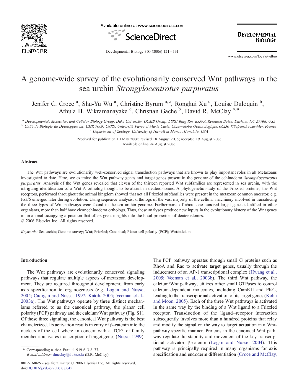 A genome-wide survey of the evolutionarily conserved Wnt pathways in the sea urchin Strongylocentrotus purpuratus