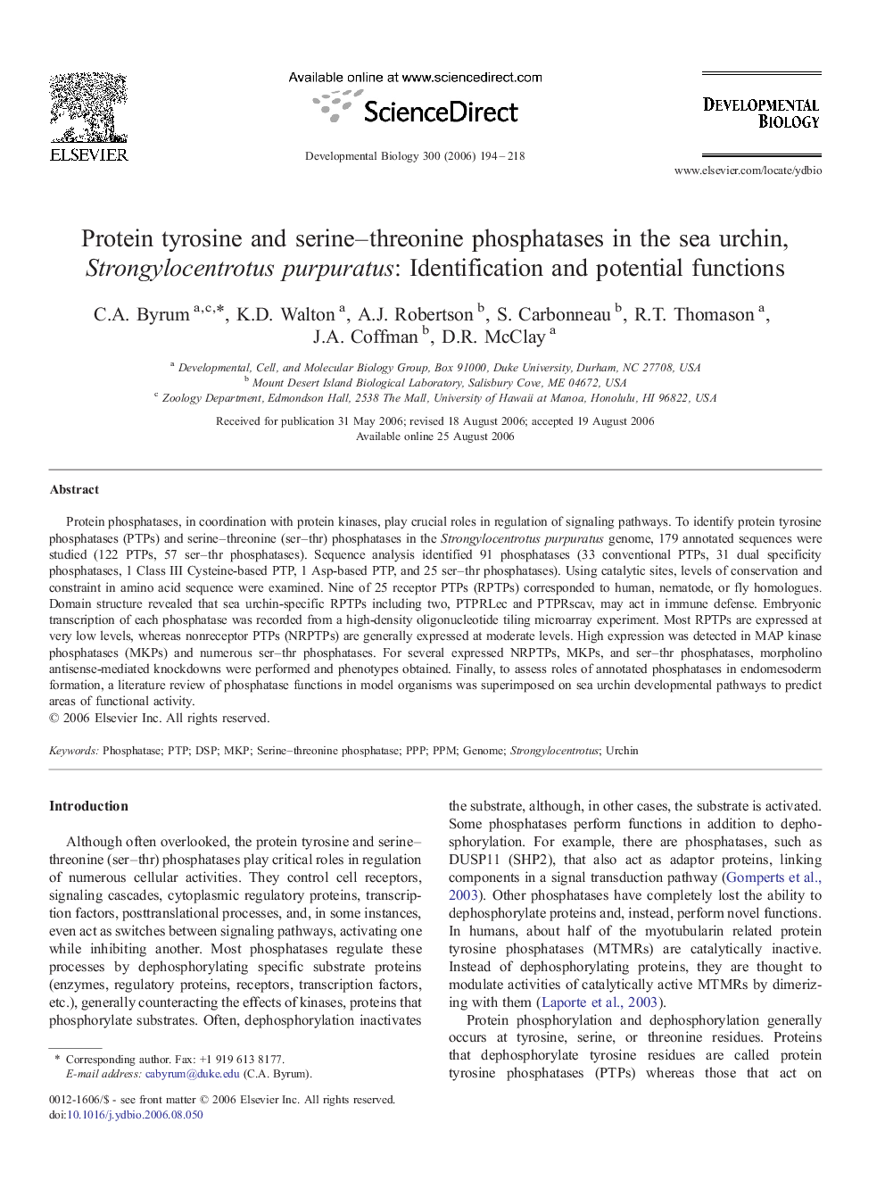 Protein tyrosine and serine–threonine phosphatases in the sea urchin, Strongylocentrotus purpuratus: Identification and potential functions