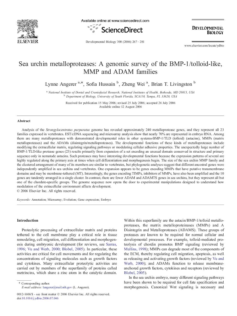 Sea urchin metalloproteases: A genomic survey of the BMP-1/tolloid-like, MMP and ADAM families