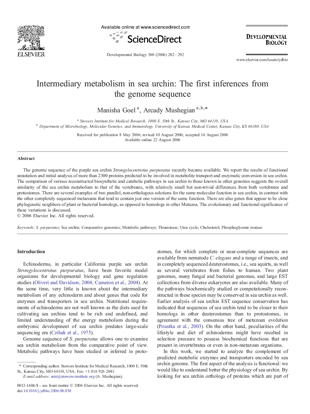 Intermediary metabolism in sea urchin: The first inferences from the genome sequence