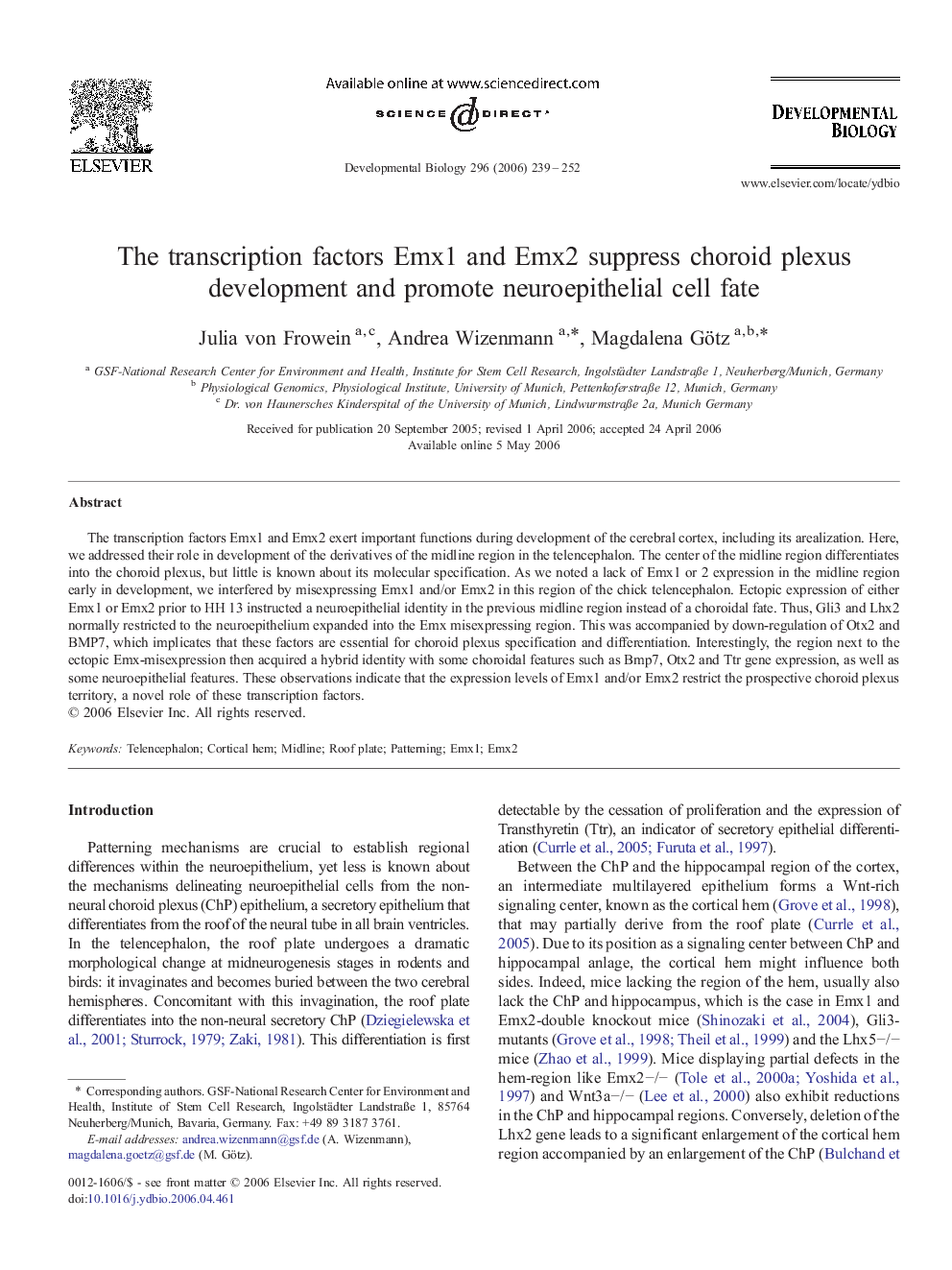 The transcription factors Emx1 and Emx2 suppress choroid plexus development and promote neuroepithelial cell fate