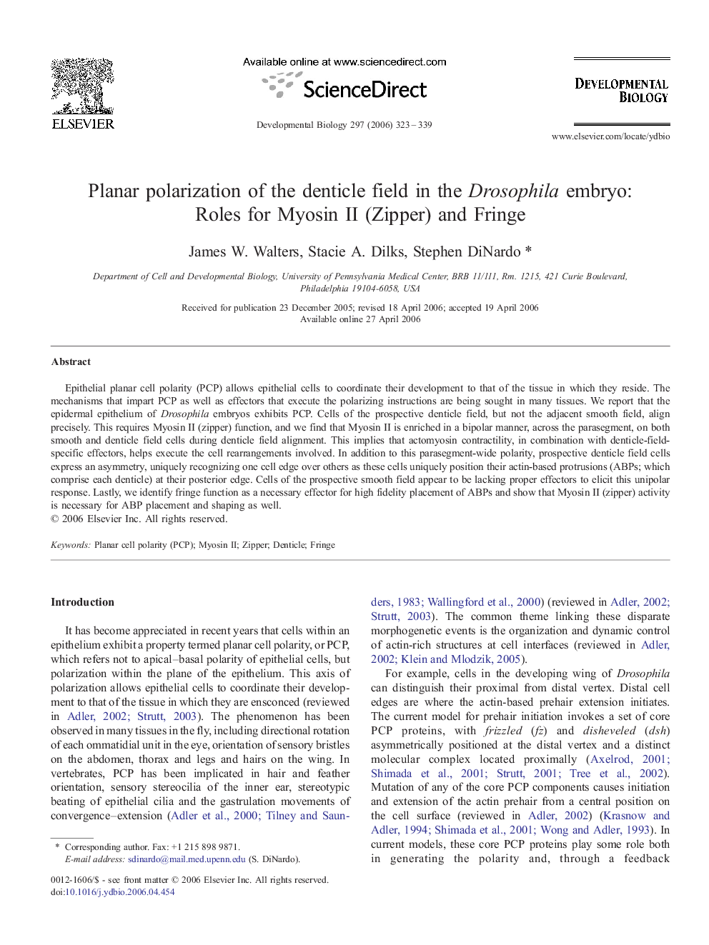 Planar polarization of the denticle field in the Drosophila embryo: Roles for Myosin II (Zipper) and Fringe