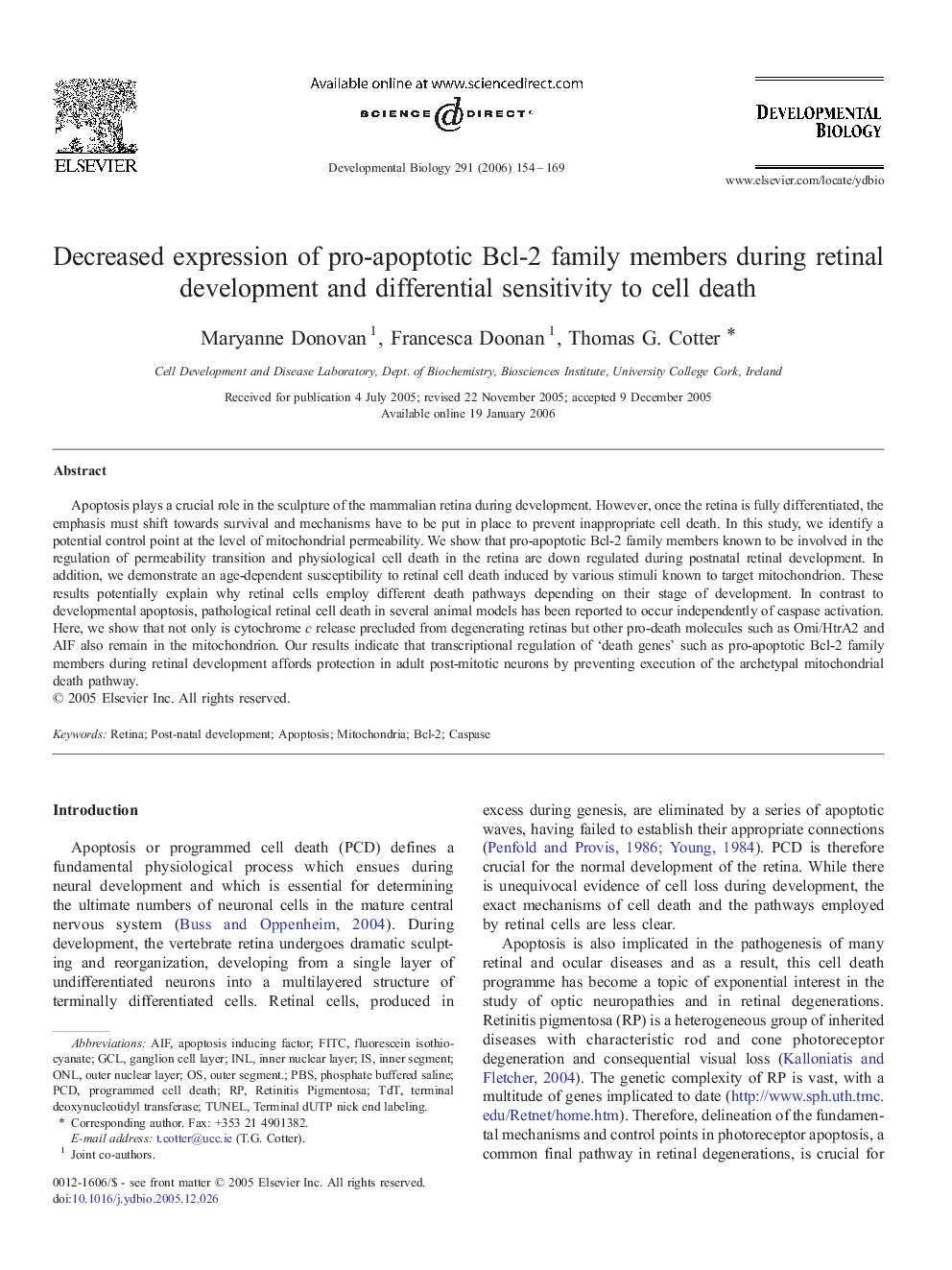 Decreased expression of pro-apoptotic Bcl-2 family members during retinal development and differential sensitivity to cell death