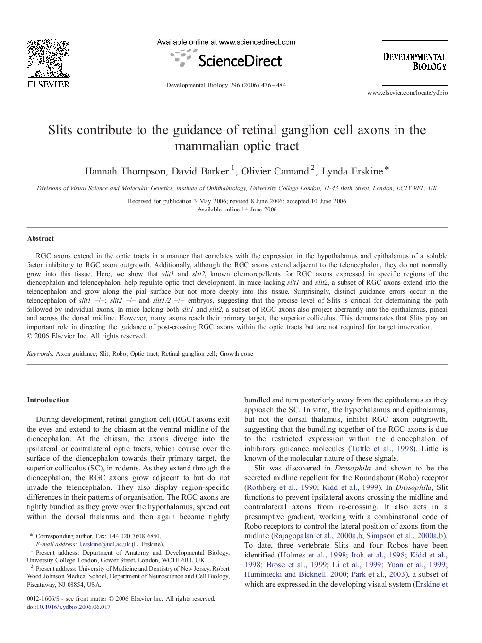 Slits contribute to the guidance of retinal ganglion cell axons in the mammalian optic tract