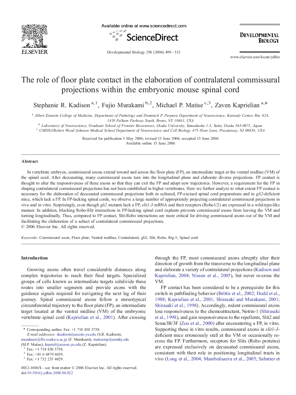 The role of floor plate contact in the elaboration of contralateral commissural projections within the embryonic mouse spinal cord