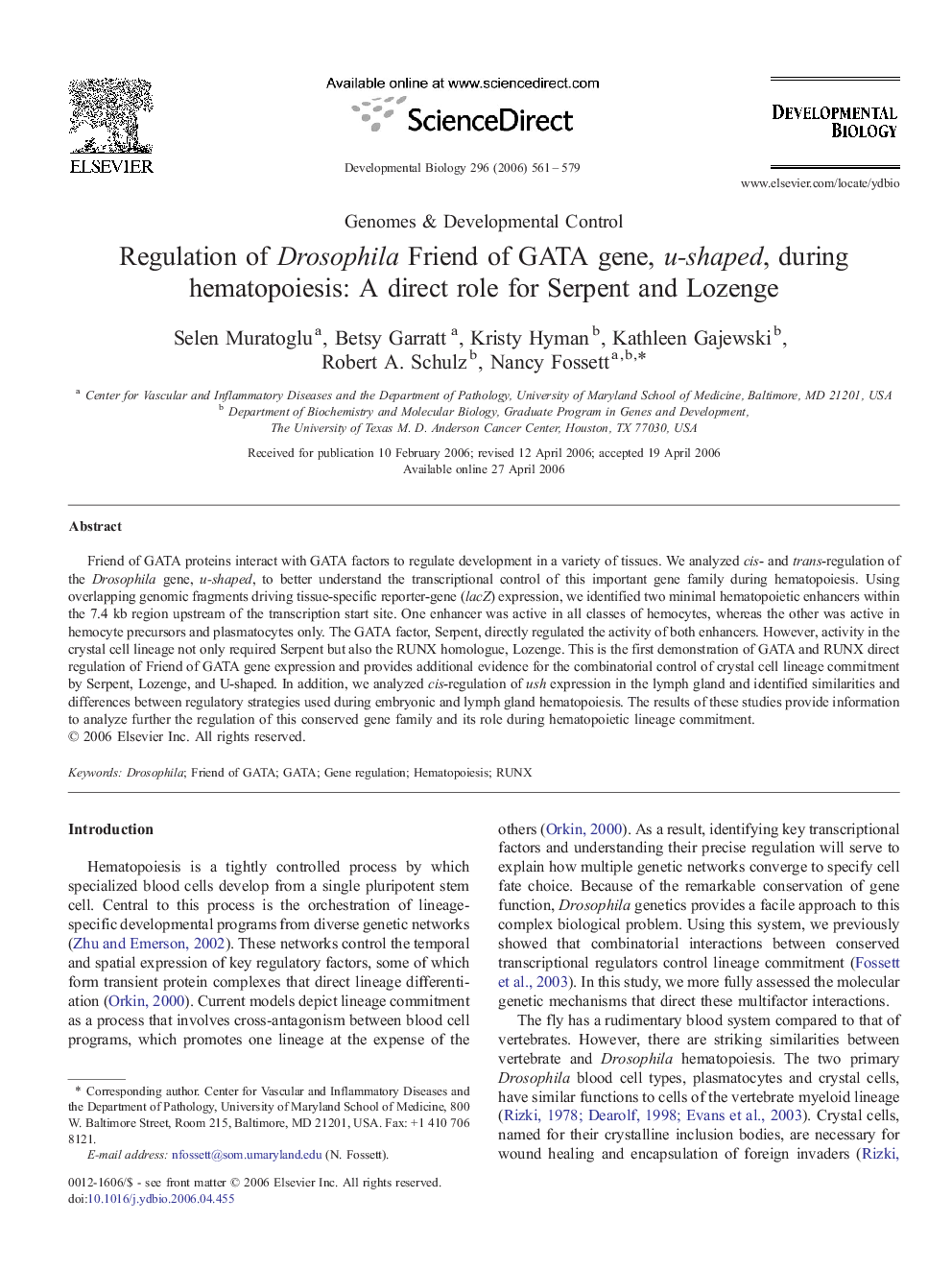 Regulation of Drosophila Friend of GATA gene, u-shaped, during hematopoiesis: A direct role for Serpent and Lozenge