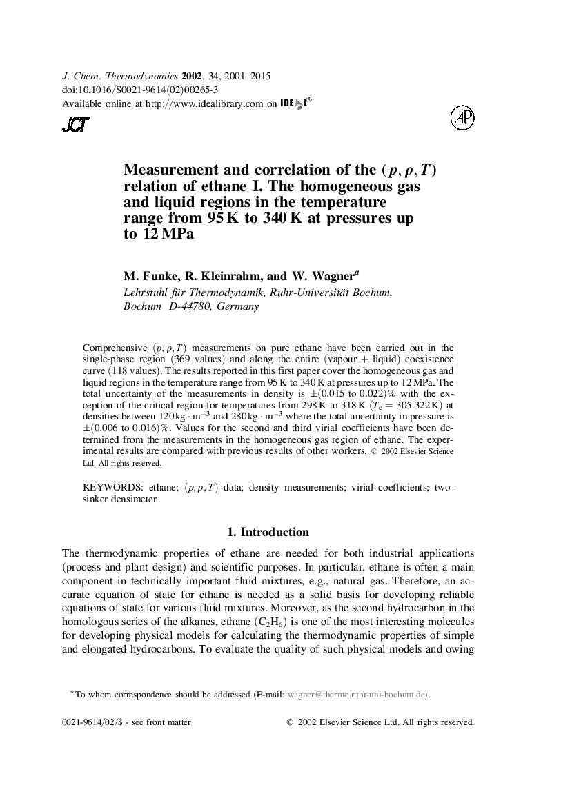 Measurement and correlation of the (p, ρ, T) relation of ethane I. The homogeneous gas and liquid regions in the temperature range from 95 K to 340 K at pressures up to 12 MPa