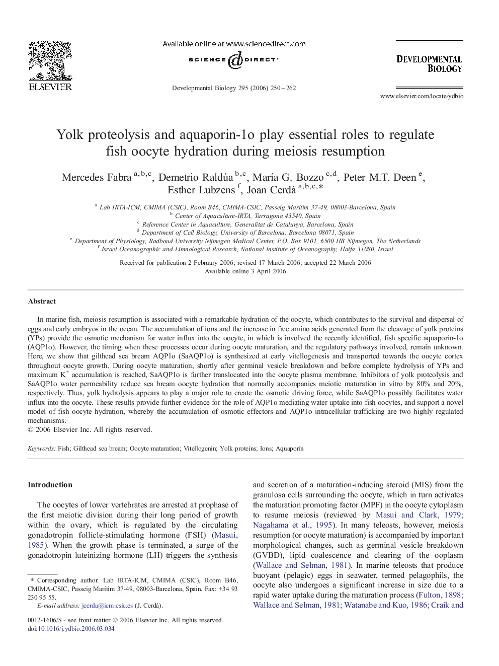 Yolk proteolysis and aquaporin-1o play essential roles to regulate fish oocyte hydration during meiosis resumption