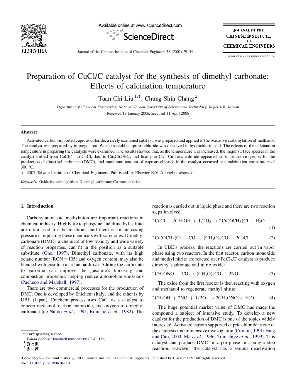 Preparation of CuCl/C catalyst for the synthesis of dimethyl carbonate: Effects of calcination temperature