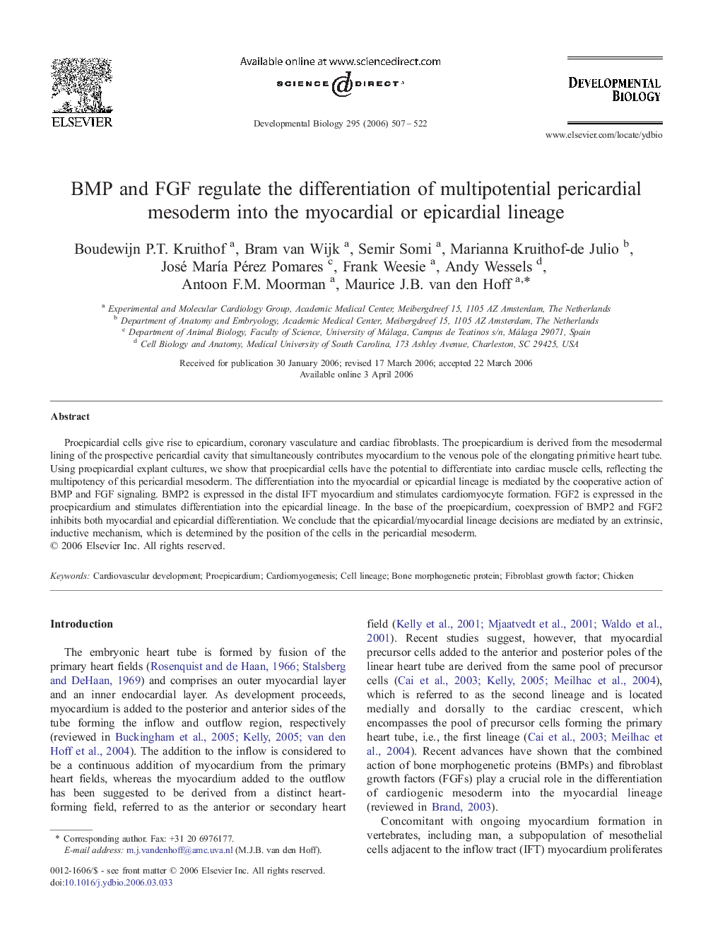 BMP and FGF regulate the differentiation of multipotential pericardial mesoderm into the myocardial or epicardial lineage