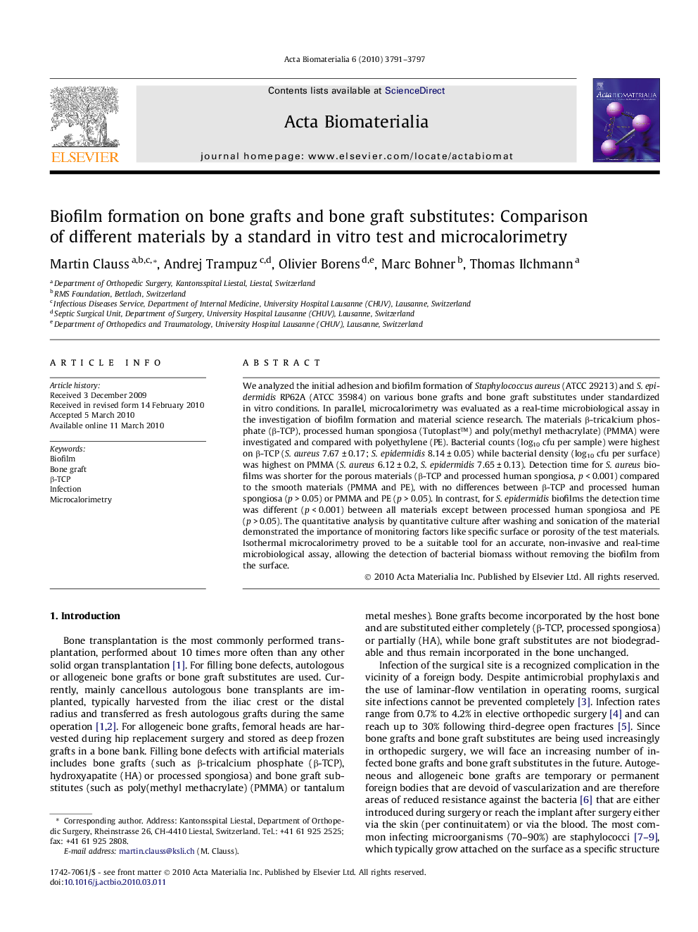 Biofilm formation on bone grafts and bone graft substitutes: Comparison of different materials by a standard in vitro test and microcalorimetry