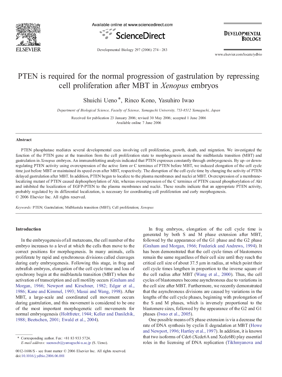 PTEN is required for the normal progression of gastrulation by repressing cell proliferation after MBT in Xenopus embryos