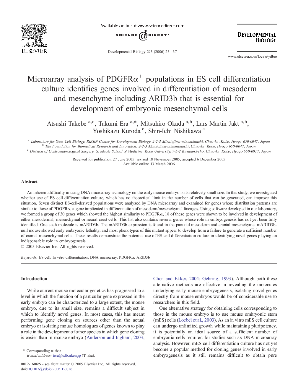 Microarray analysis of PDGFRα+ populations in ES cell differentiation culture identifies genes involved in differentiation of mesoderm and mesenchyme including ARID3b that is essential for development of embryonic mesenchymal cells