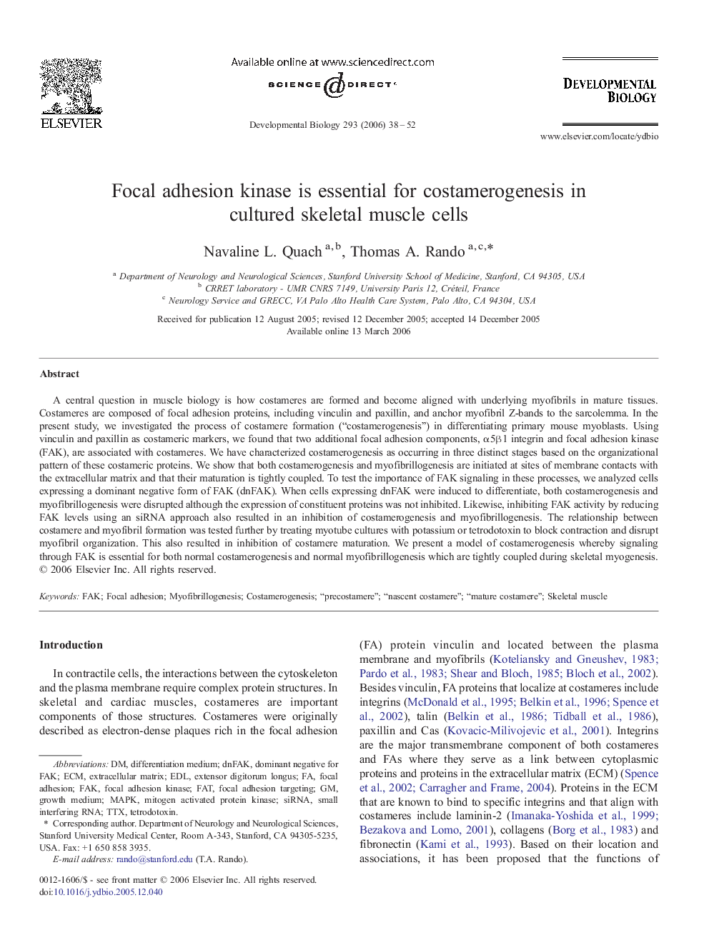 Focal adhesion kinase is essential for costamerogenesis in cultured skeletal muscle cells