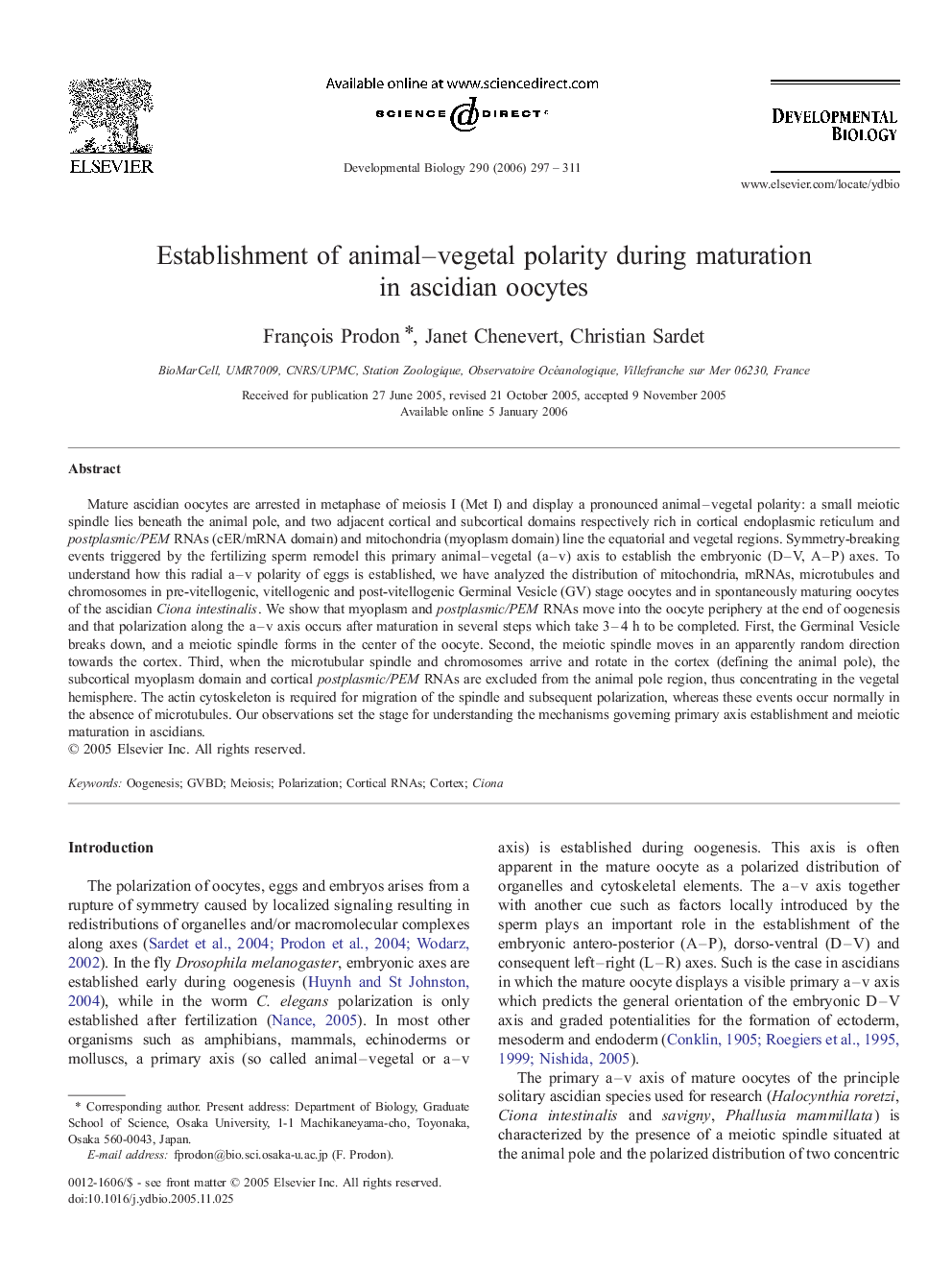 Establishment of animal–vegetal polarity during maturation in ascidian oocytes