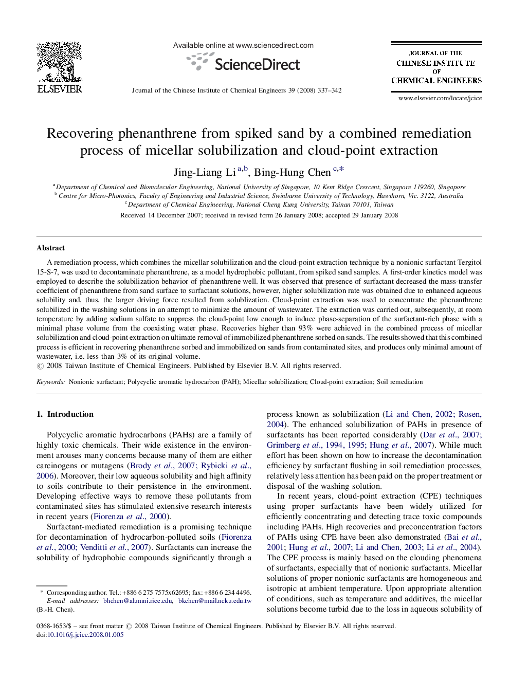 Recovering phenanthrene from spiked sand by a combined remediation process of micellar solubilization and cloud-point extraction