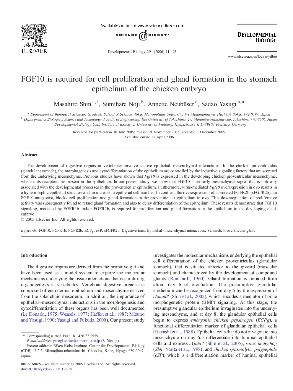 FGF10 is required for cell proliferation and gland formation in the stomach epithelium of the chicken embryo