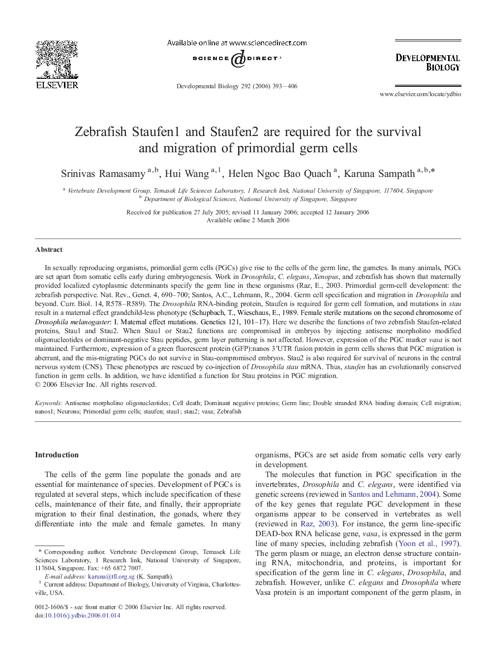 Zebrafish Staufen1 and Staufen2 are required for the survival and migration of primordial germ cells