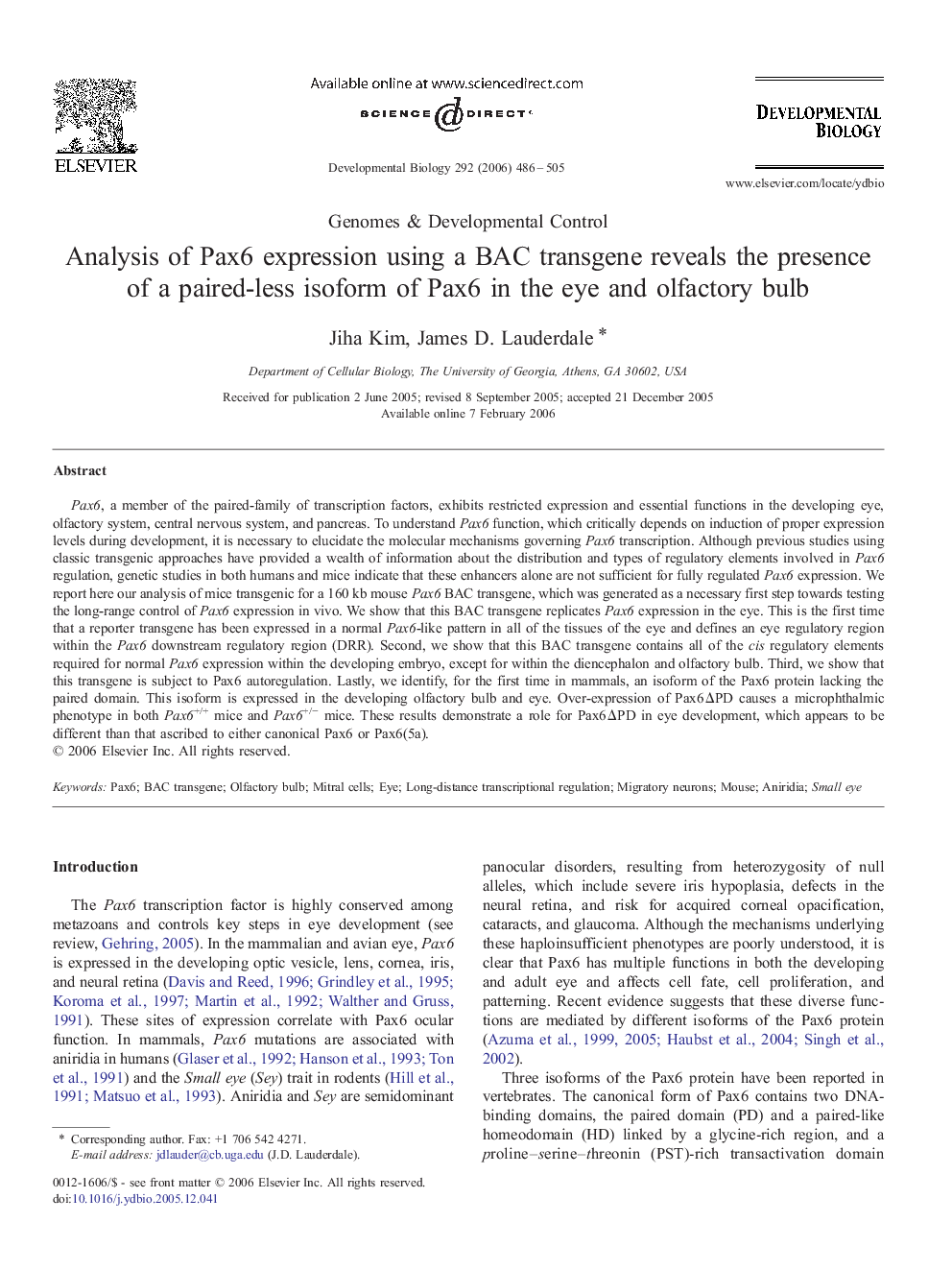 Analysis of Pax6 expression using a BAC transgene reveals the presence of a paired-less isoform of Pax6 in the eye and olfactory bulb