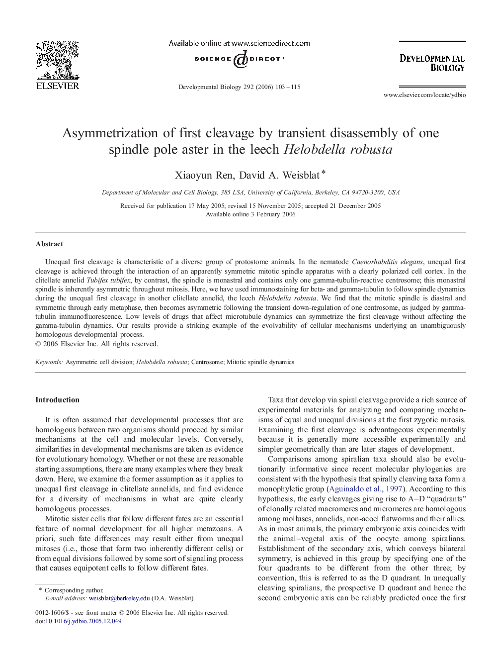 Asymmetrization of first cleavage by transient disassembly of one spindle pole aster in the leech Helobdella robusta