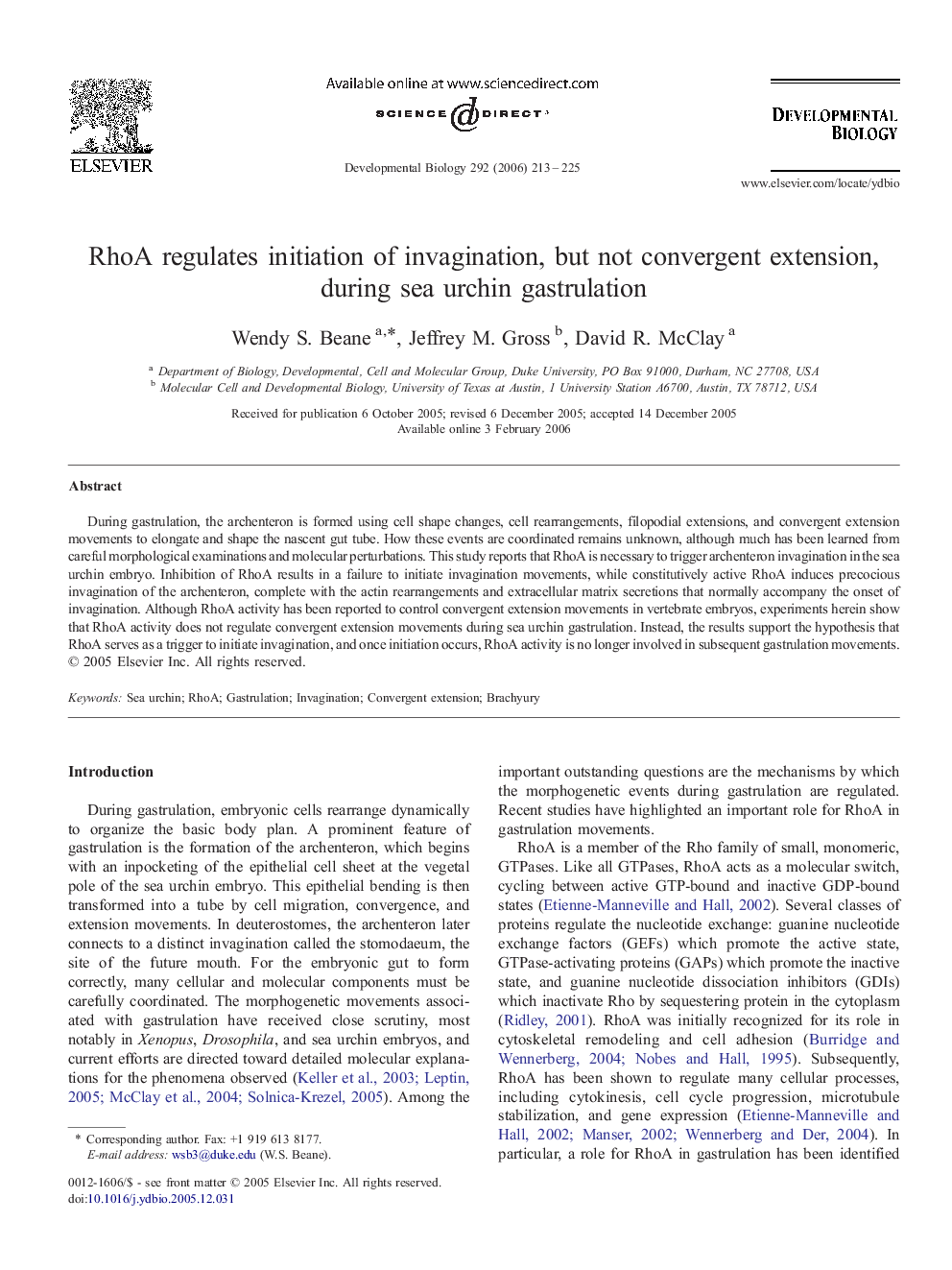 RhoA regulates initiation of invagination, but not convergent extension, during sea urchin gastrulation