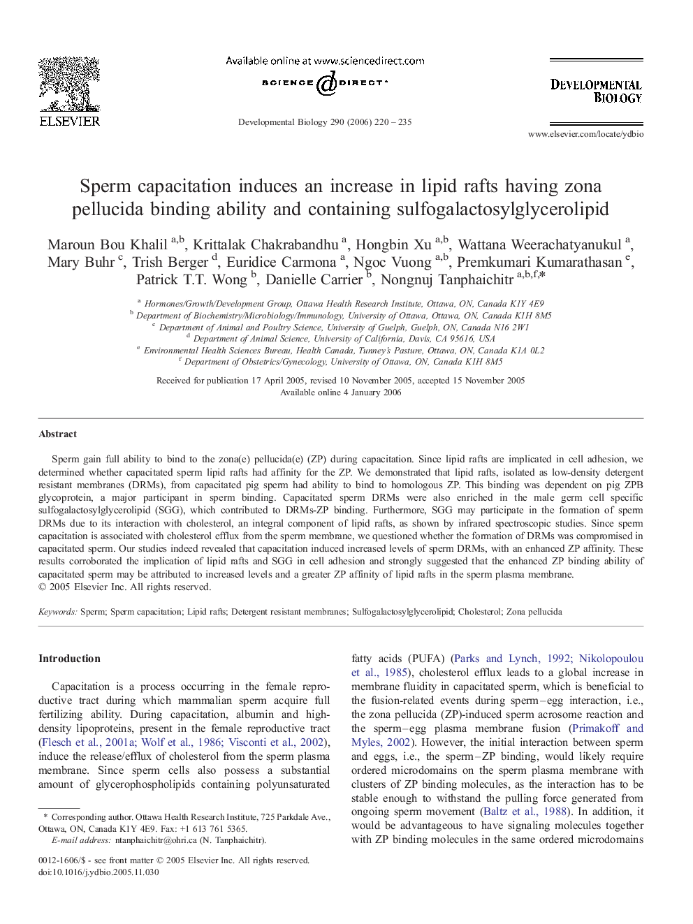 Sperm capacitation induces an increase in lipid rafts having zona pellucida binding ability and containing sulfogalactosylglycerolipid