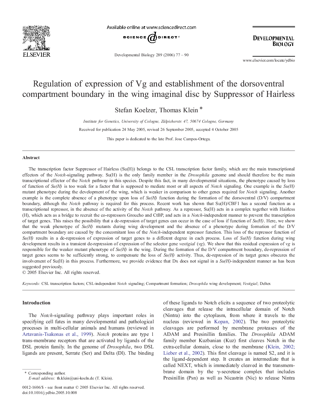 Regulation of expression of Vg and establishment of the dorsoventral compartment boundary in the wing imaginal disc by Suppressor of Hairless