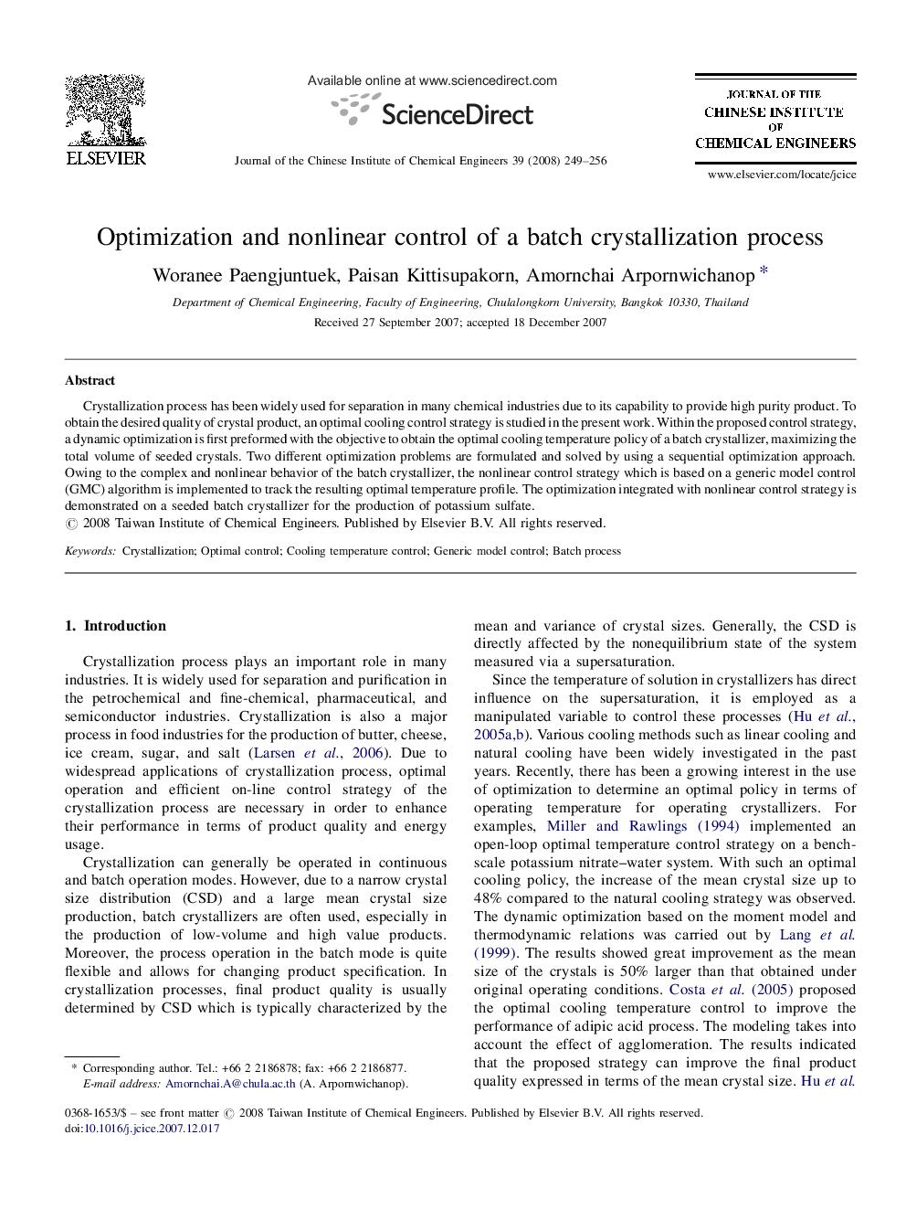 Optimization and nonlinear control of a batch crystallization process