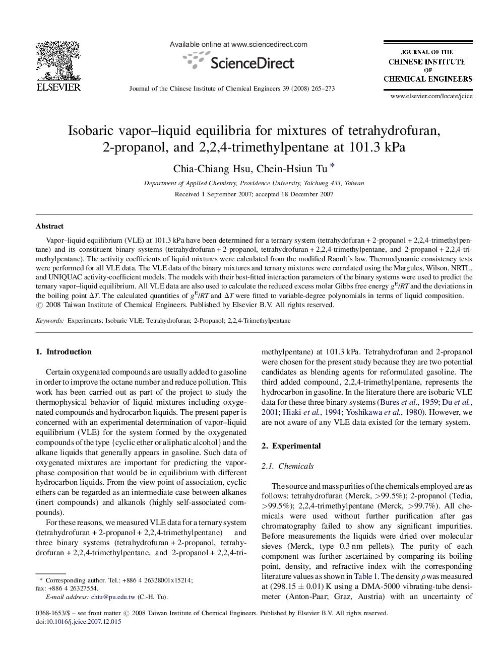 Isobaric vapor–liquid equilibria for mixtures of tetrahydrofuran, 2-propanol, and 2,2,4-trimethylpentane at 101.3 kPa