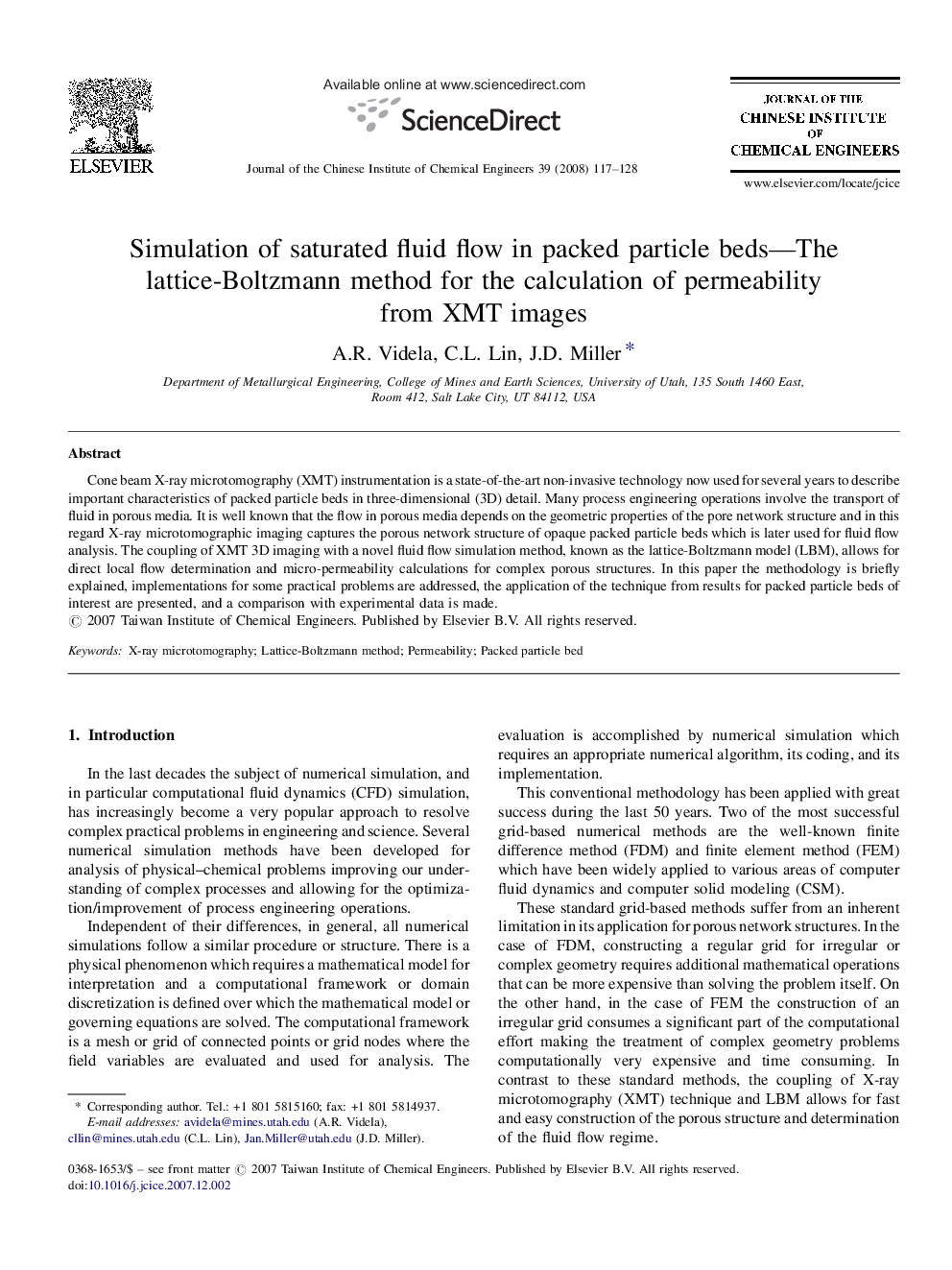 Simulation of saturated fluid flow in packed particle beds—The lattice-Boltzmann method for the calculation of permeability from XMT images