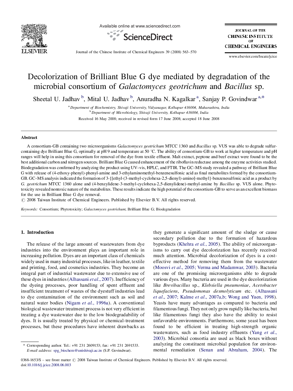 Decolorization of Brilliant Blue G dye mediated by degradation of the microbial consortium of Galactomyces geotrichum and Bacillus sp.
