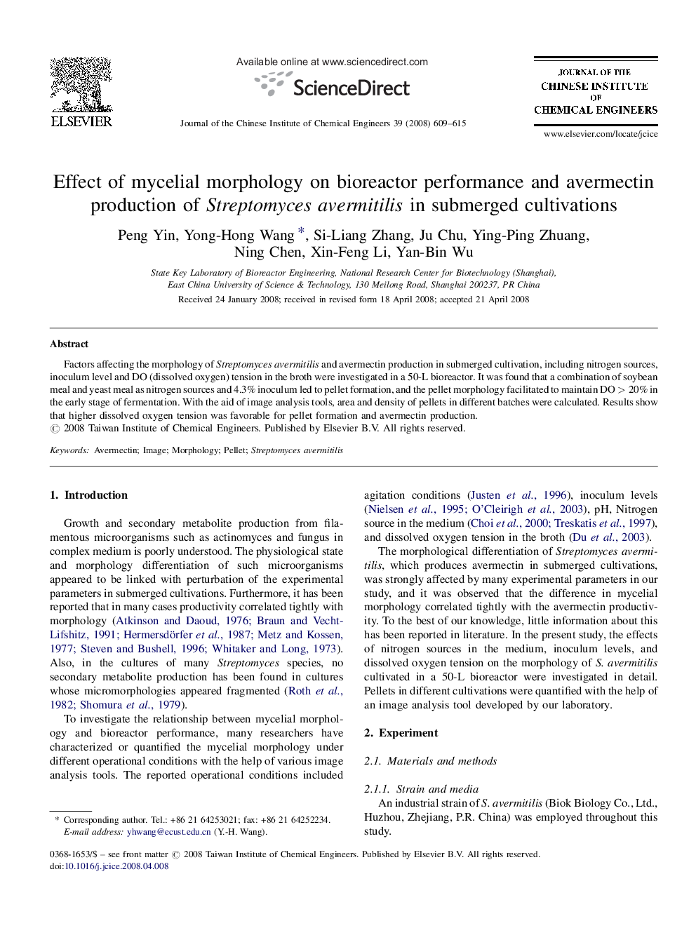 Effect of mycelial morphology on bioreactor performance and avermectin production of Streptomyces avermitilis in submerged cultivations