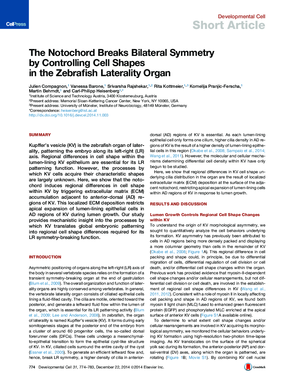 عکس صفحه اول مقاله: The Notochord Breaks Bilateral Symmetry by Controlling Cell Shapes in the Zebrafish Laterality Organ The Notochord Breaks Bilateral Symmetry by Controlling Cell Shapes in the Zebrafish Laterality Organ