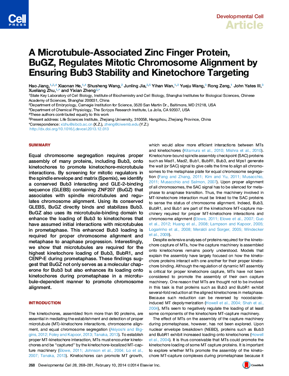 A Microtubule-Associated Zinc Finger Protein, BuGZ, Regulates Mitotic Chromosome Alignment by Ensuring Bub3 Stability and Kinetochore Targeting