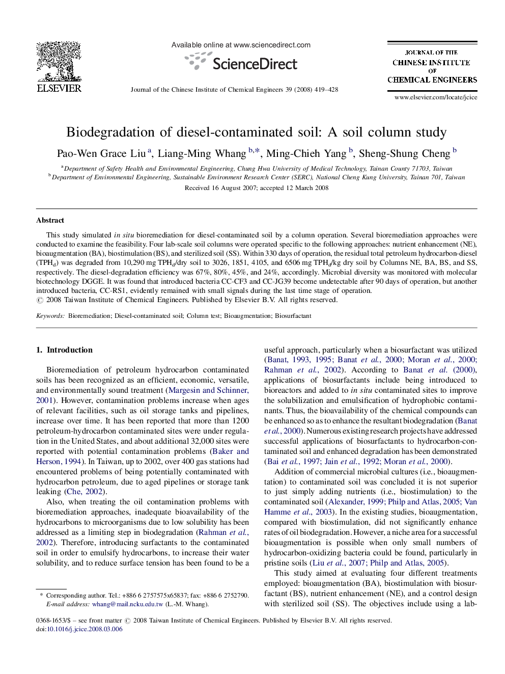 Biodegradation of diesel-contaminated soil: A soil column study