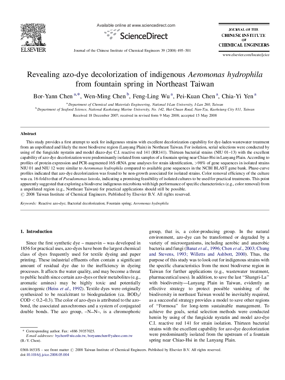 Revealing azo-dye decolorization of indigenous Aeromonas hydrophila from fountain spring in Northeast Taiwan